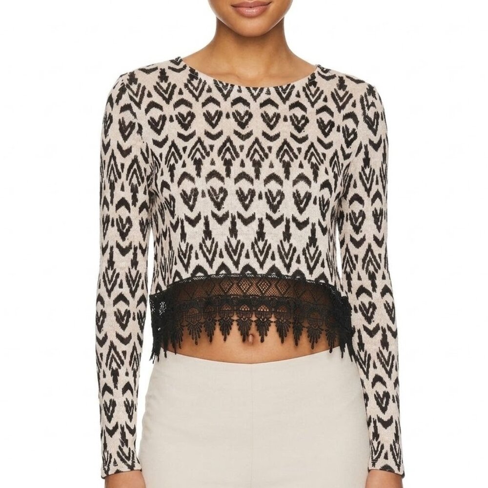 H&M Divided Tribal Ikat Print Long Sleeve Crop Top Lace Hem Black Cream Large